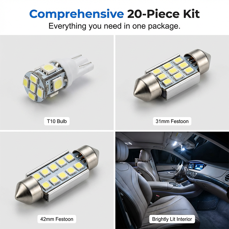đ 20-delars LED-sats till bilen: Taklampor, T10-parkeringsljus, lĂ€slampor (dubbel spets), registreringsskyltsljus & interiörbelysning.