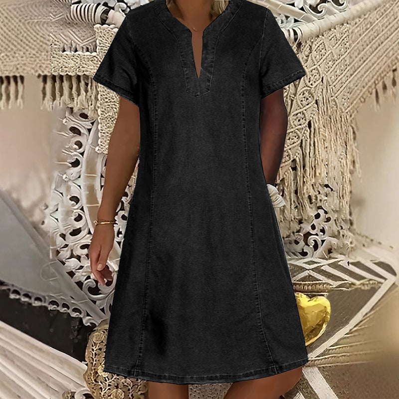 đ 50 % RABATT NU! đžKortĂ€rmad denimklĂ€nning med V-ringning för dam