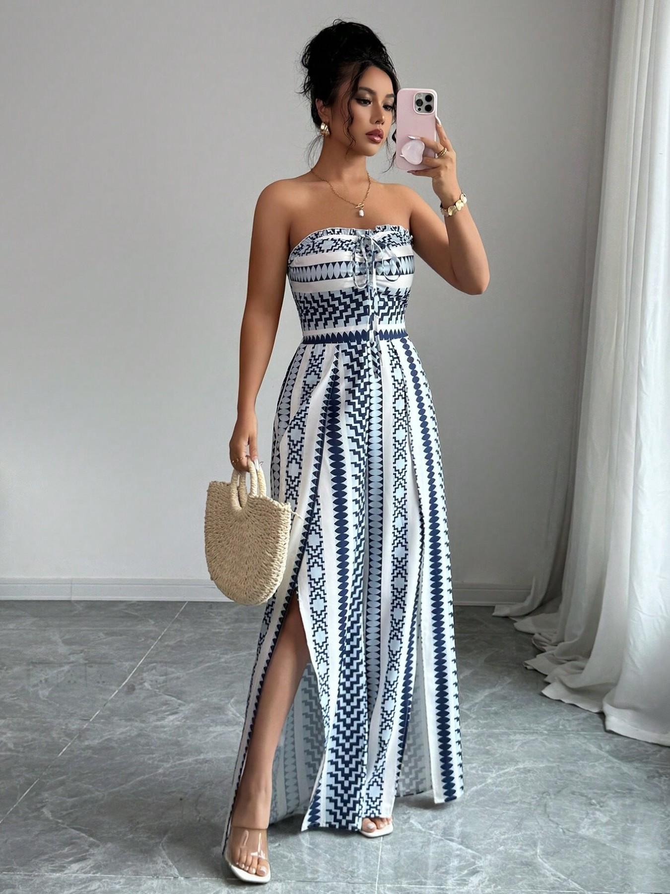 👗💙 Geometrisk jumpsuit med halterneck och slits i sidan – 50 % RABATT! Perfekt för stranden, kontoret och kvällen. 🔥✨