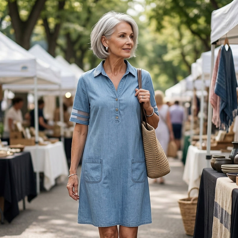 🎁Begränsad tid 50 % RABATT⏳Blå, enkel miniklänning i denim med krage och spetskant