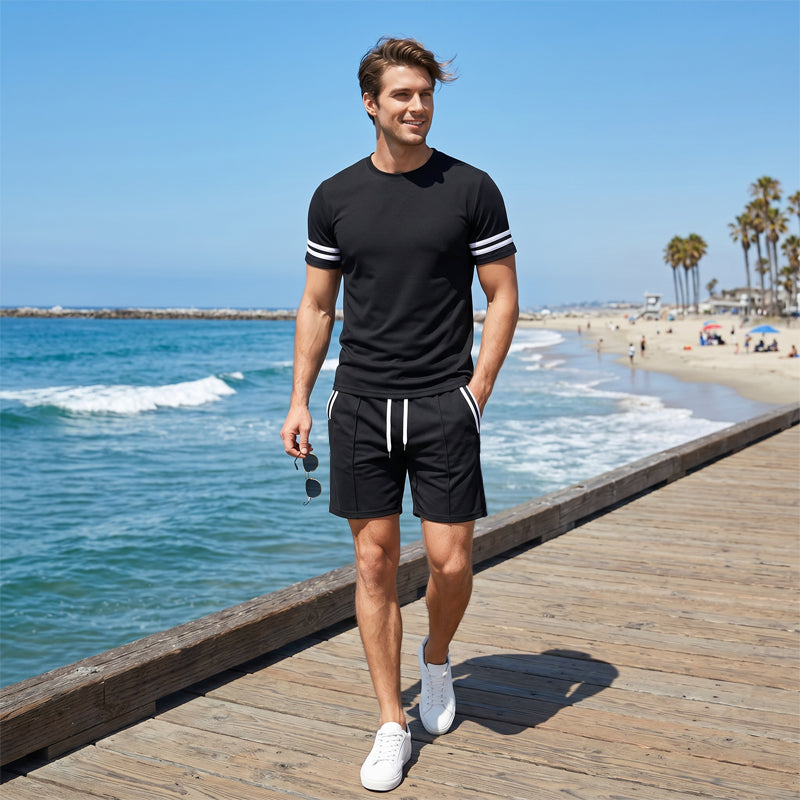 ✨ 50 % rabatt🔥 2-delat set för män: randig t-shirt och shorts