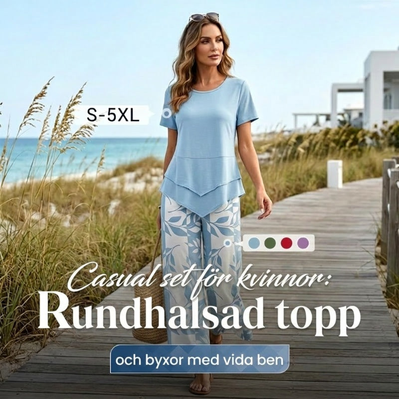 👗 50% RABATT NU! 🌿 Casual Rund Hals Layered Tunika & Vida Byxor Set – Asymmetrisk Fåll, Mönstrade Byxor & Andningsbar ✨
