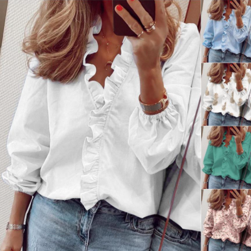 👚 50% RABATT! ✨ Långärmad Damskjorta med Volanger – Lös Passform, Lanternärmar & Perfekt för Vår & Höst 🌸