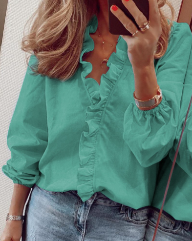 👚 50% RABATT! ✨ Långärmad Damskjorta med Volanger – Lös Passform, Lanternärmar & Perfekt för Vår & Höst 🌸