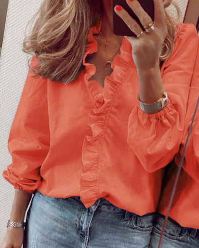 👚 50% RABATT! ✨ Långärmad Damskjorta med Volanger – Lös Passform, Lanternärmar & Perfekt för Vår & Höst 🌸