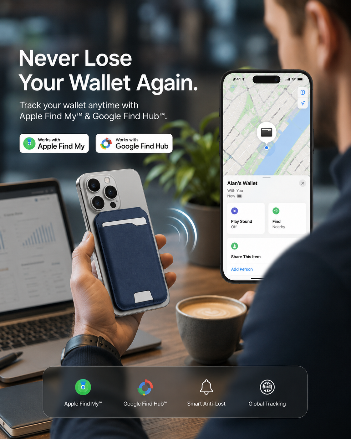 ⚡ 50% RABATT 💥 Smart Wallet mit Apple Find My™ & Google Find Hub™ 🔥 Premium Nappa-Leder + Wireless Charging