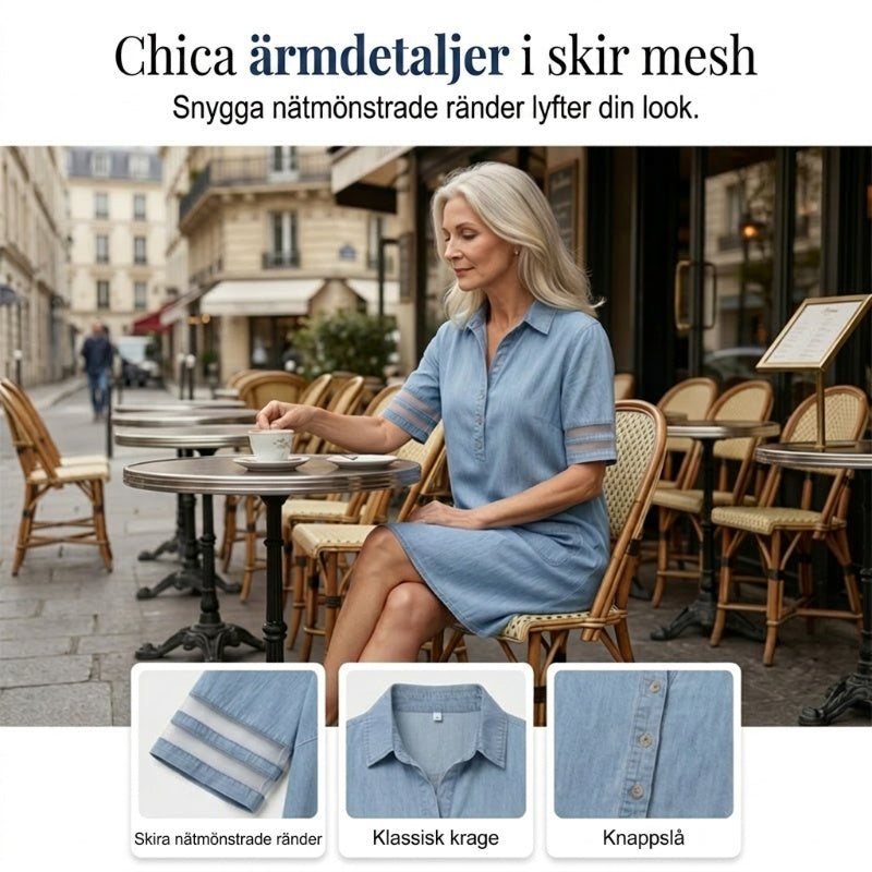 🎁Begränsad tid 50 % RABATT⏳Blå, enkel miniklänning i denim med krage och spetskant