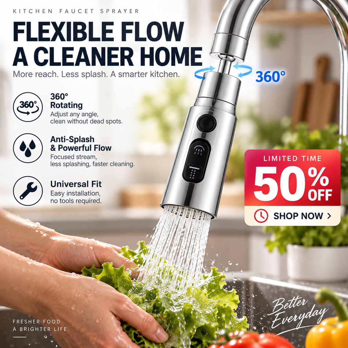 ✨ 50 % RABATT JUST NU✨ 360° roterande högtryckskran med adapter – flexibelt vattenflöde för enklare rengöring 🚰✨
