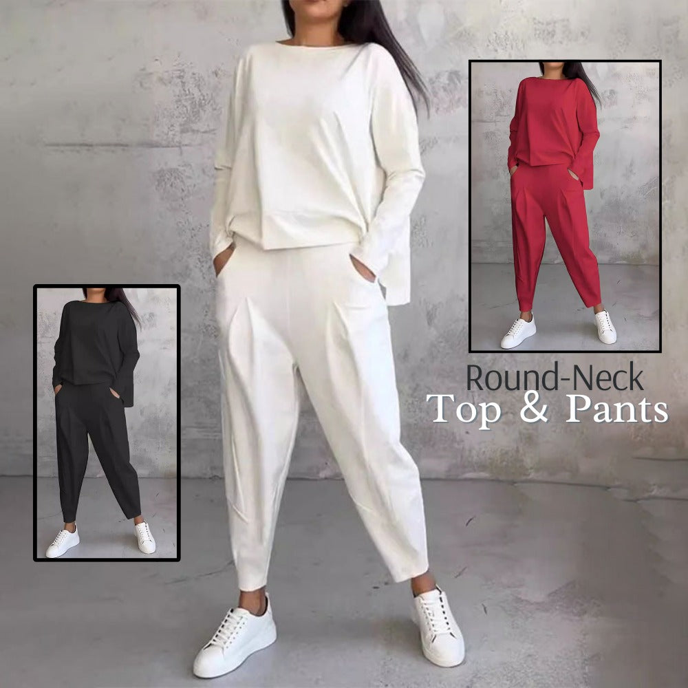 💕2-delat set för kvinnor: långärmad topp med rund hals + byxor 🧥+👖