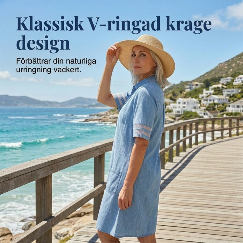 🎁Begränsad tid 50 % RABATT⏳Blå, enkel miniklänning i denim med krage och spetskant