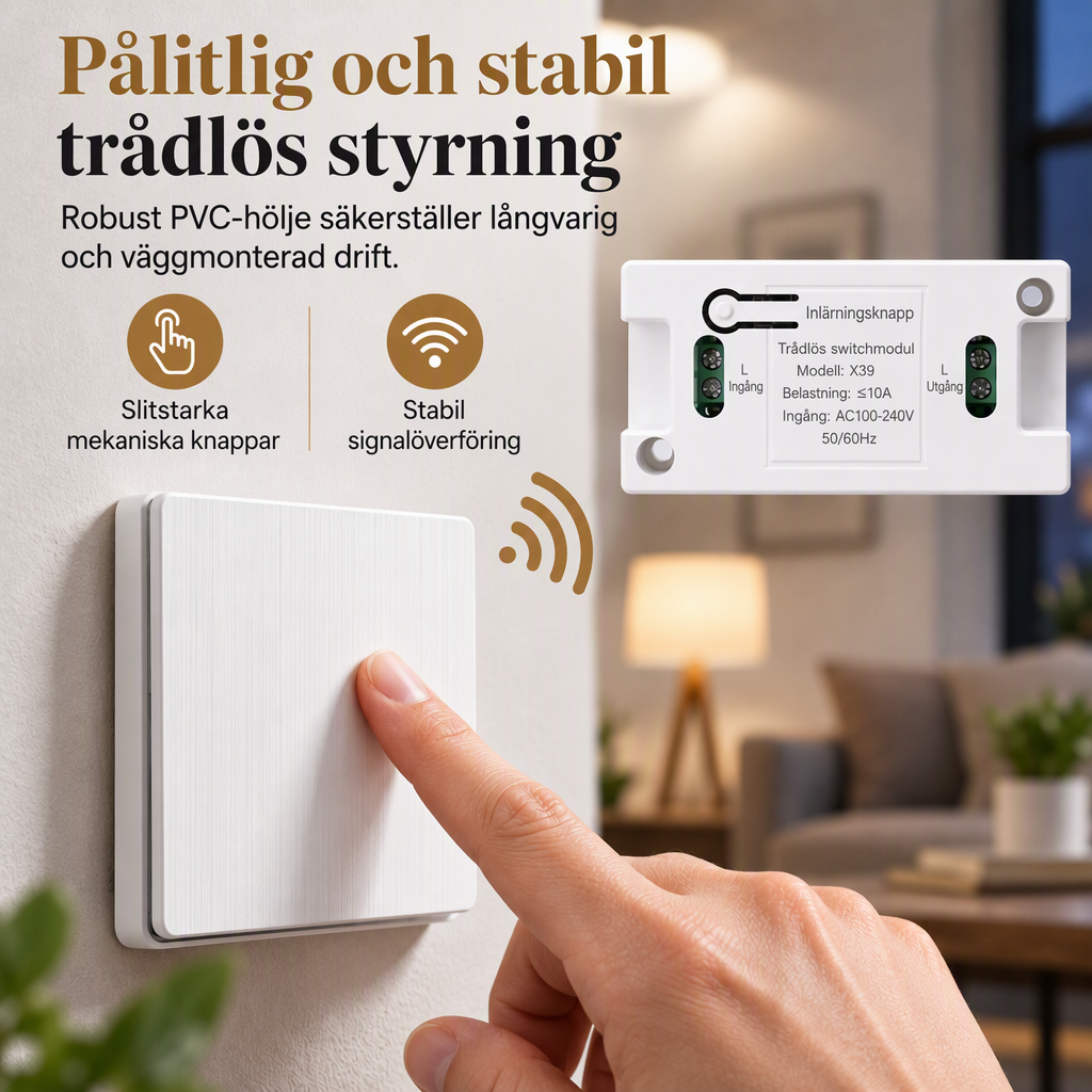 Trådlöst radiobrytarset utan kabeldragning med självhäftande väggbrytare och mottagare för 220 V hushållslampor