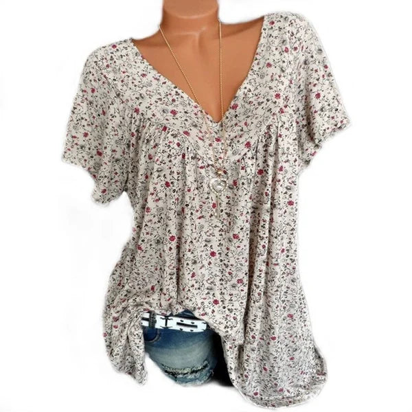 🌸 50% RABATT!  Vårmode Kortärmad Tryckt Topp – Mjukt Linne & Romantisk Design!