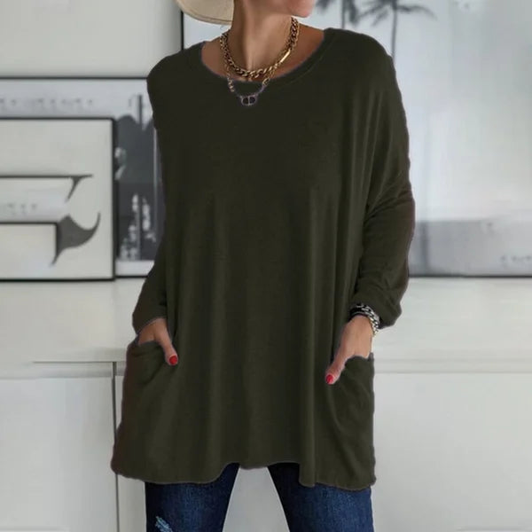 💖SISTA DAGEN AV REAN 50 % RABATT🥰【S-5XL】Rund hals Långärmad lös ficka Solid T-shirt