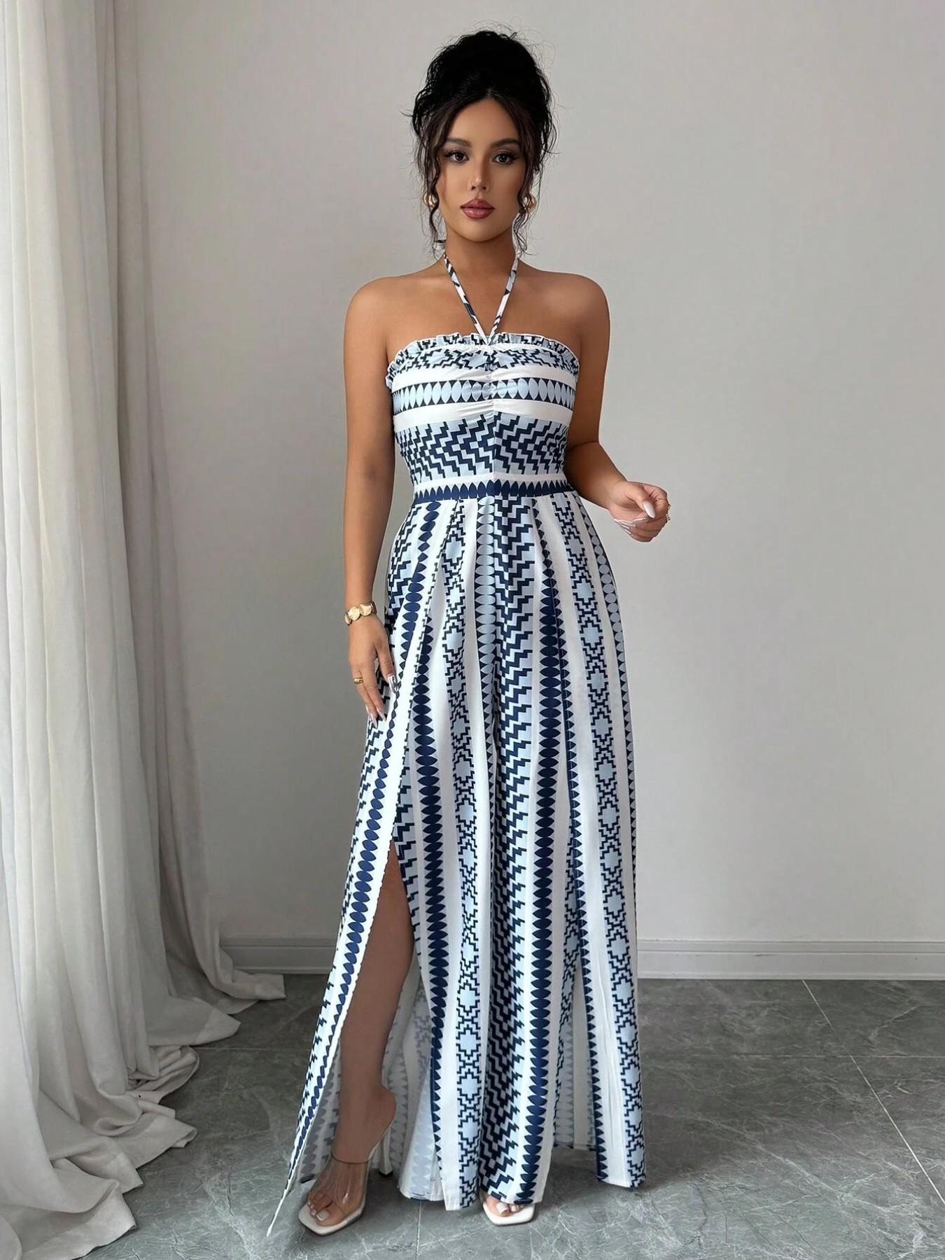 👗💙 Geometrisk jumpsuit med halterneck och slits i sidan – 50 % RABATT! Perfekt för stranden, kontoret och kvällen. 🔥✨