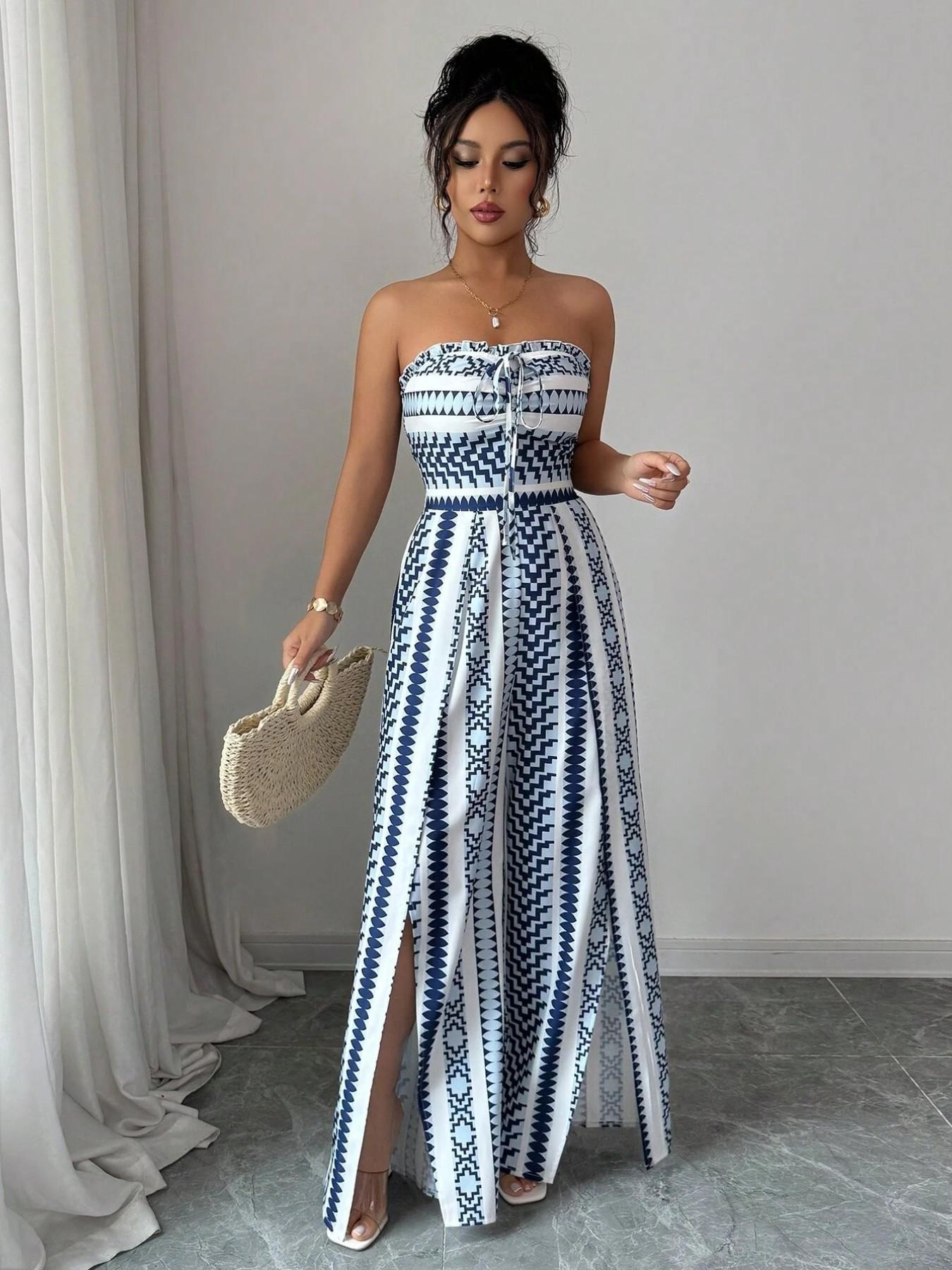 👗💙 Geometrisk jumpsuit med halterneck och slits i sidan – 50 % RABATT! Perfekt för stranden, kontoret och kvällen. 🔥✨