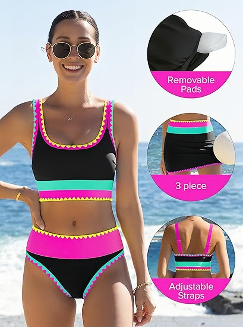 🔥🎁Nyhet 50 % RABATT🔥🌼 Färgblockerad Sportig 3-delars Bikiniset i Nylon – Högmidja med Magekontroll 👙