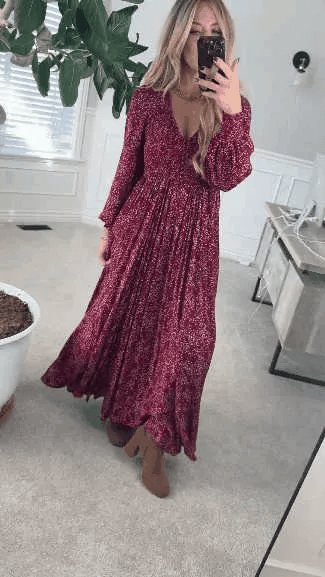💃Maxiklänning för damer i rayon med blommönster, smockad midja och foder