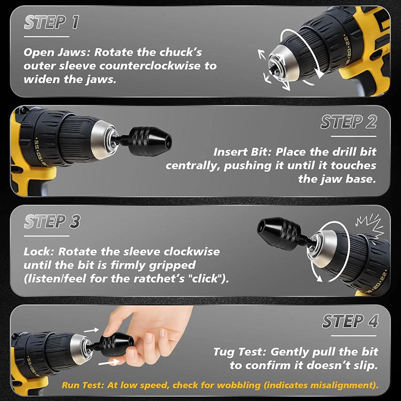 🔧 🎁Köp 1 få 1 gratis🔥 3‑käfts chuck för elskruvdragare och borrmaskiner – nyckelfri, snabbbyte & kompatibel med runda och sexkantiga skaft – perfekt för hobby, renovering och precisionsarbete 🛠️✨