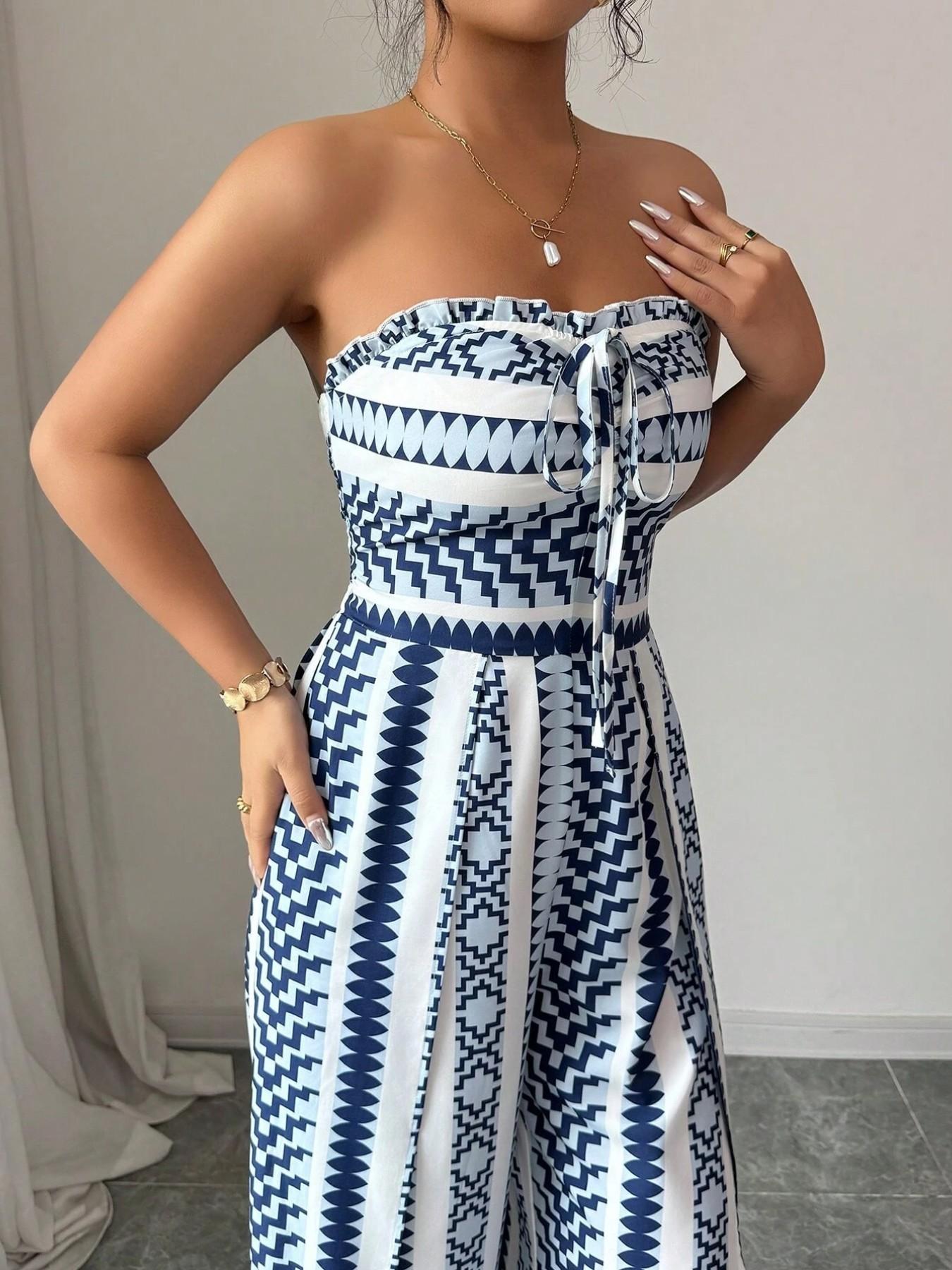 👗💙 Geometrisk jumpsuit med halterneck och slits i sidan – 50 % RABATT! Perfekt för stranden, kontoret och kvällen. 🔥✨