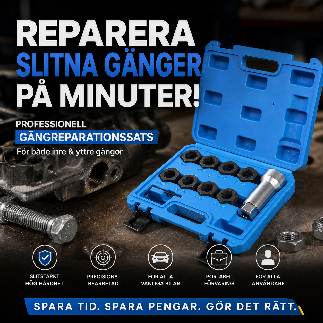 10-delars verktygssats för reparation av skruvgängor i fordon