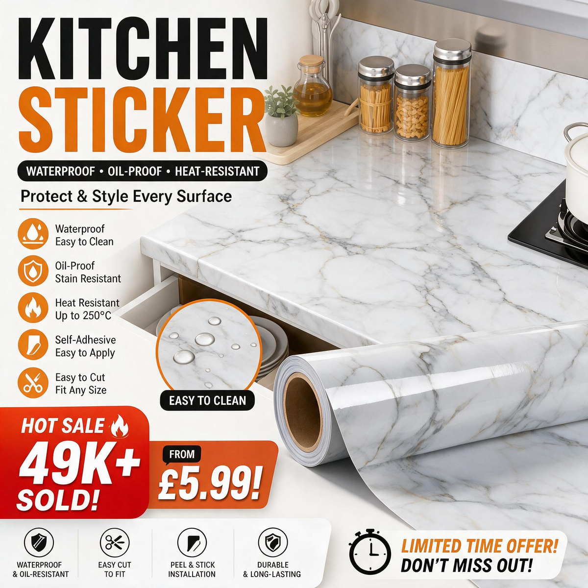 💎🍳50% OFF Marble Kitchen Peel & Stick Wallpaper | Backsplash | Waterproof Kitchen Stickers ✨💧