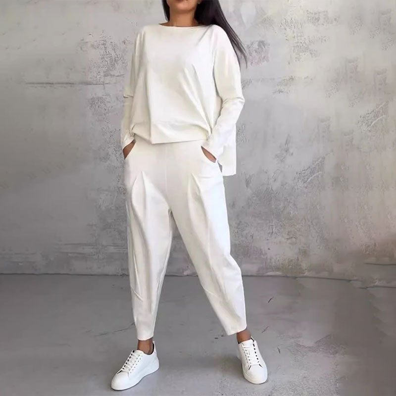 💕2-delat set för kvinnor: långärmad topp med rund hals + byxor 🧥+👖