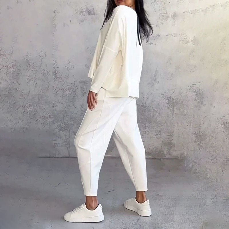 💕2-delat set för kvinnor: långärmad topp med rund hals + byxor 🧥+👖