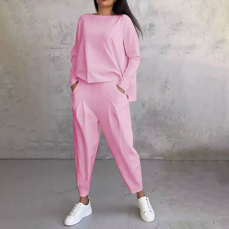 💕2-delat set för kvinnor: långärmad topp med rund hals + byxor 🧥+👖