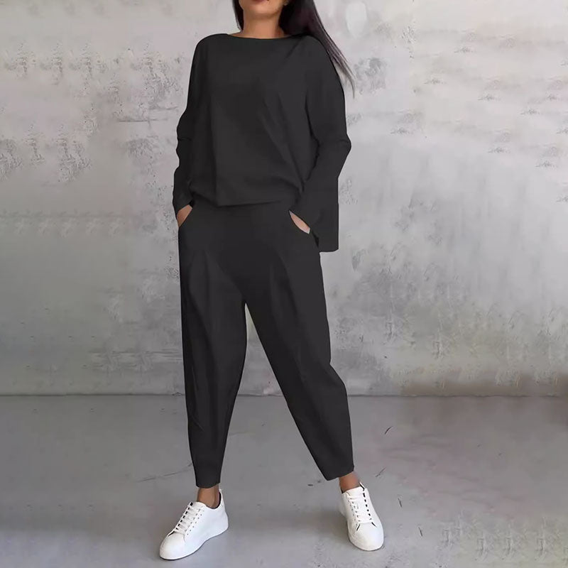 💕2-delat set för kvinnor: långärmad topp med rund hals + byxor 🧥+👖