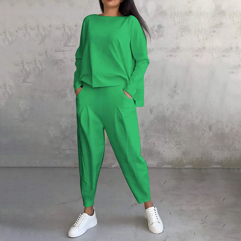 💕2-delat set för kvinnor: långärmad topp med rund hals + byxor 🧥+👖
