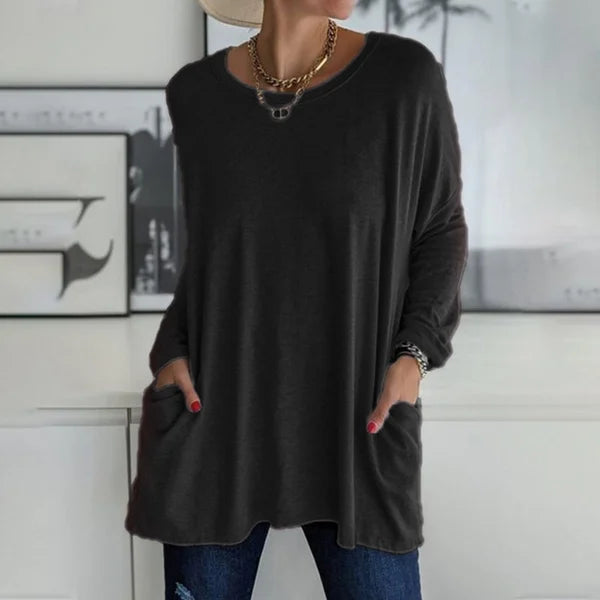 💖SISTA DAGEN AV REAN 50 % RABATT🥰【S-5XL】Rund hals Långärmad lös ficka Solid T-shirt