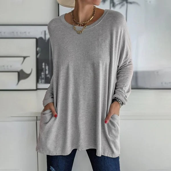 💖SISTA DAGEN AV REAN 50 % RABATT🥰【S-5XL】Rund hals Långärmad lös ficka Solid T-shirt