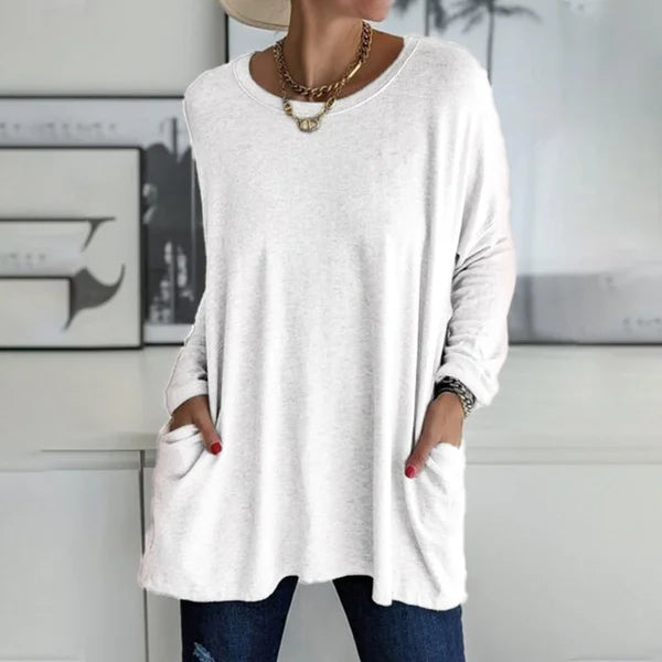 💖SISTA DAGEN AV REAN 50 % RABATT🥰【S-5XL】Rund hals Långärmad lös ficka Solid T-shirt
