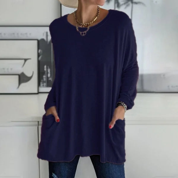 💖SISTA DAGEN AV REAN 50 % RABATT🥰【S-5XL】Rund hals Långärmad lös ficka Solid T-shirt