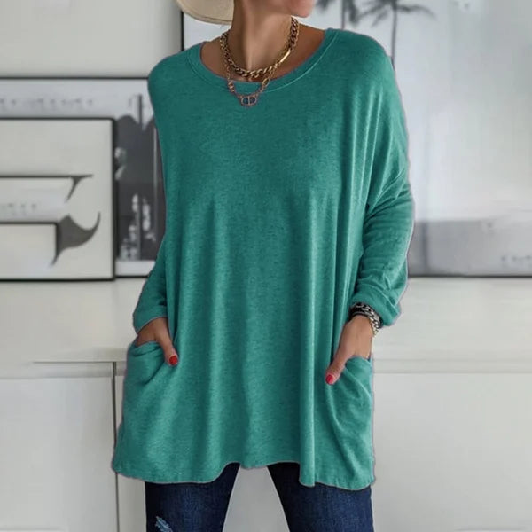 💖SISTA DAGEN AV REAN 50 % RABATT🥰【S-5XL】Rund hals Långärmad lös ficka Solid T-shirt