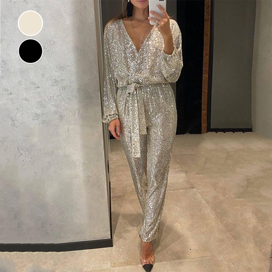 🌟Women's Sparkly V Neck Belted Jumpsuits👗