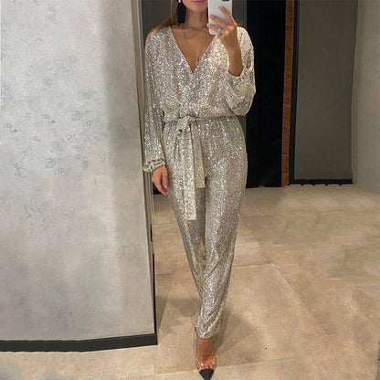 🌟Women's Sparkly V Neck Belted Jumpsuits👗