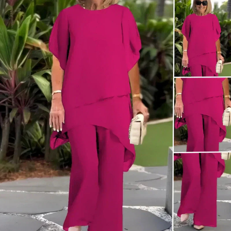 ✨60% RABATT – Charmigt set med oregelbunden topp 👗 Elegant set med vida byxor – Bekväma och perfekta för våren