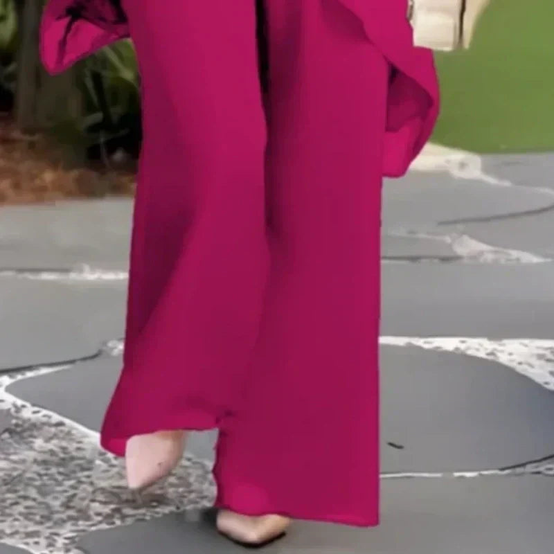 ✨60% RABATT – Charmigt set med oregelbunden topp 👗 Elegant set med vida byxor – Bekväma och perfekta för våren