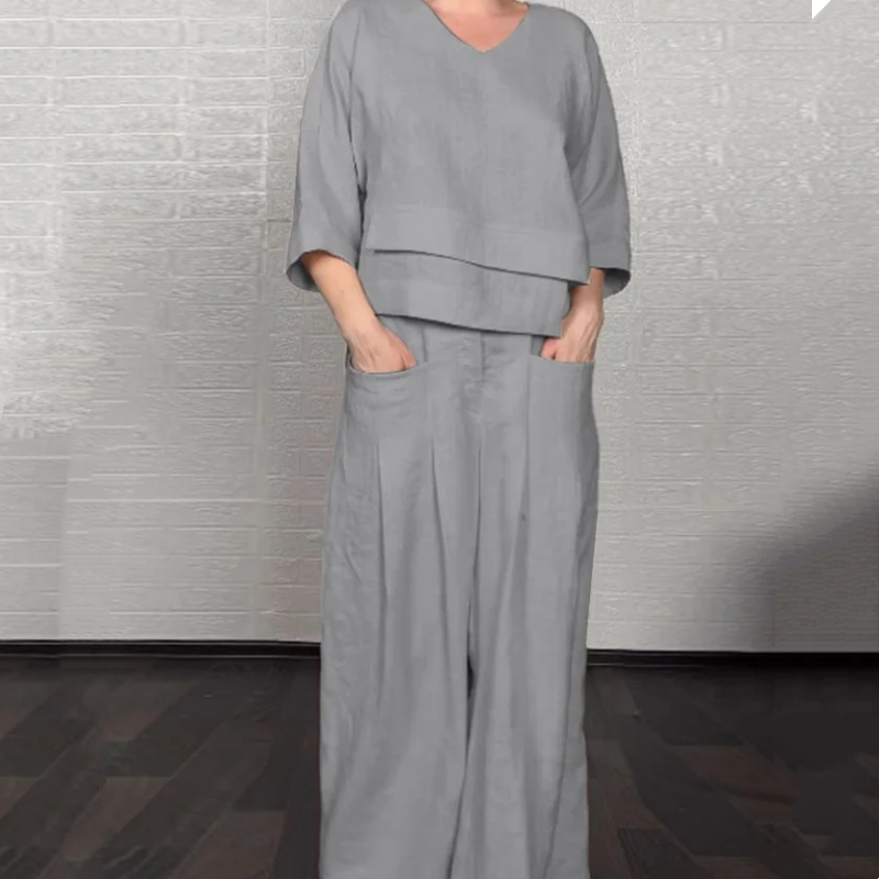 👚 50% RABATT 🌾 | 2-delat Set – Bomull & Linne, Oregelbunden Fåll & Vida Byxor