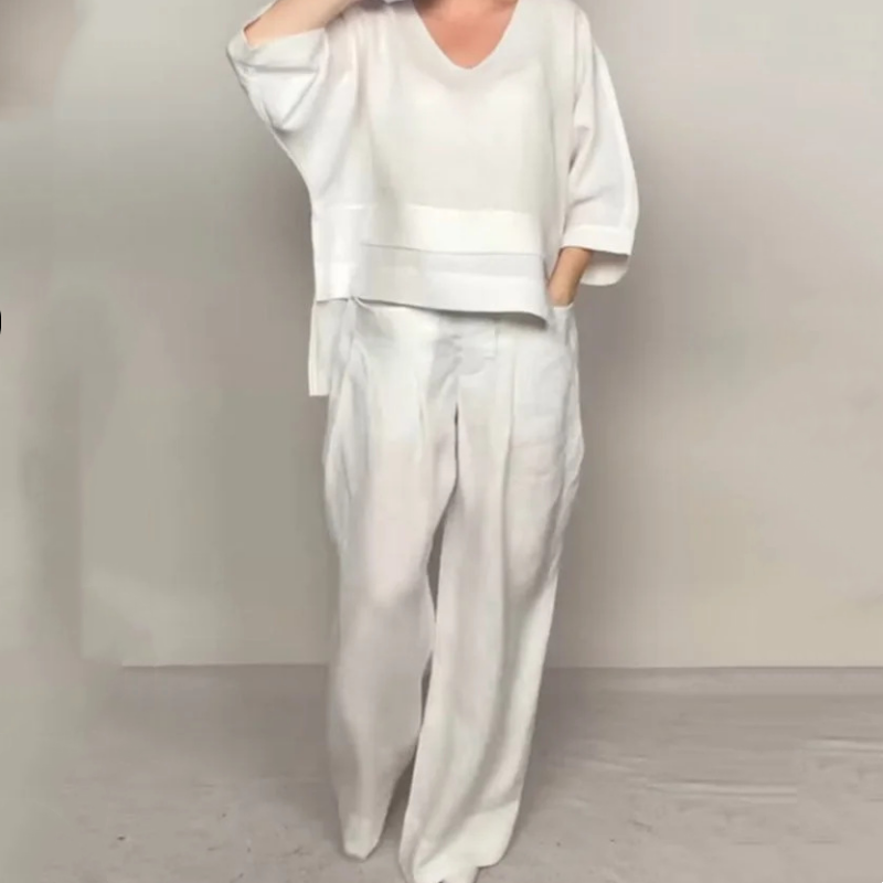👚 50% RABATT 🌾 | 2-delat Set – Bomull & Linne, Oregelbunden Fåll & Vida Byxor