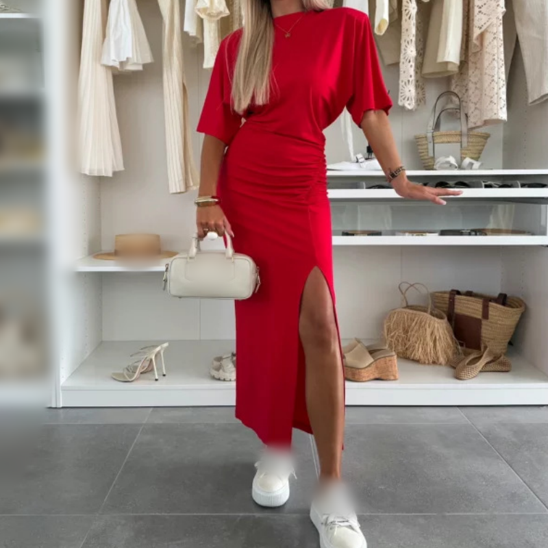 💕Kortärmad midiklänning med slits i bomull