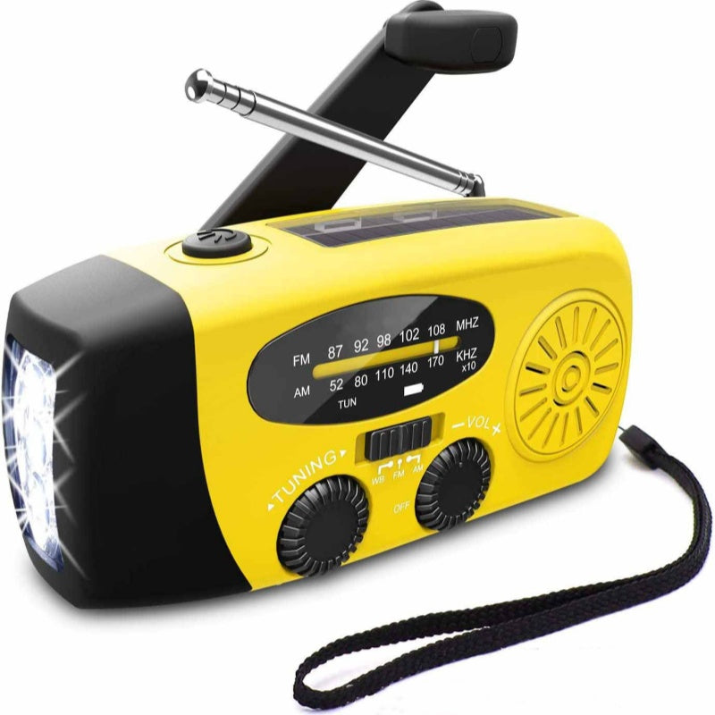 Multifunktionell bärbar solcellsdriven nödradio – powerbank, vev och vädervarning för friluftsliv och krisberedskap