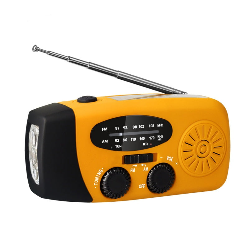 Multifunktionell bärbar solcellsdriven nödradio – powerbank, vev och vädervarning för friluftsliv och krisberedskap