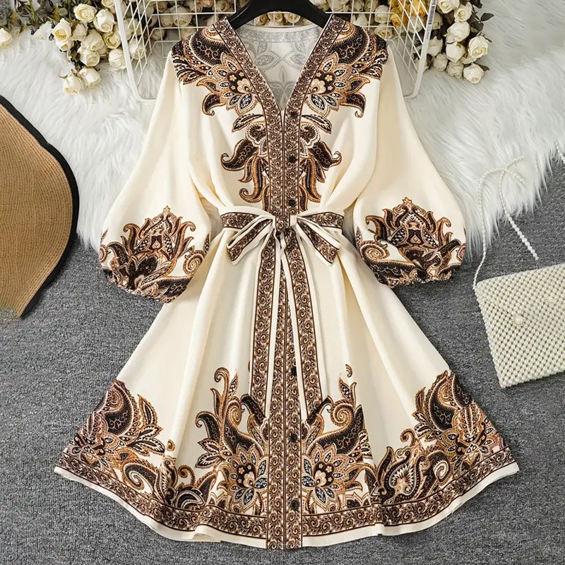 ⏳Time-limited Special⏰Women's Printed Tie-Waist V-Neck Dress👗