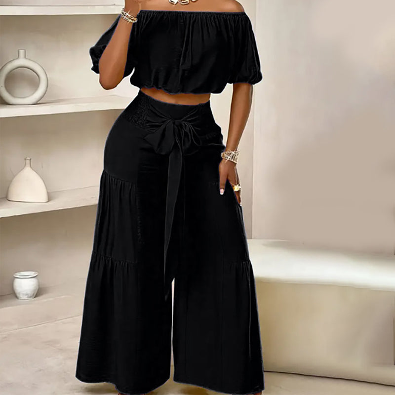 👗 50% RABATT ✨ | Off-Shoulder Topp & Vida Byxor – Puffärm & Hög Midja