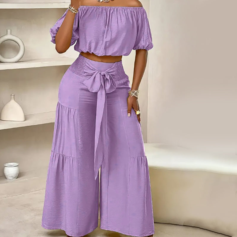 👗 50% RABATT ✨ | Off-Shoulder Topp & Vida Byxor – Puffärm & Hög Midja