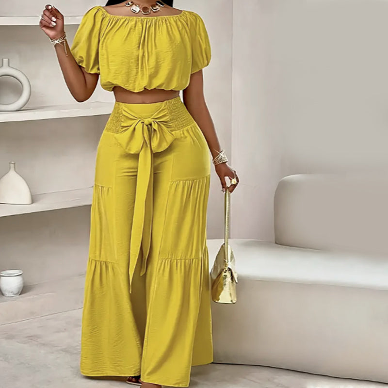 👗 50% RABATT ✨ | Off-Shoulder Topp & Vida Byxor – Puffärm & Hög Midja