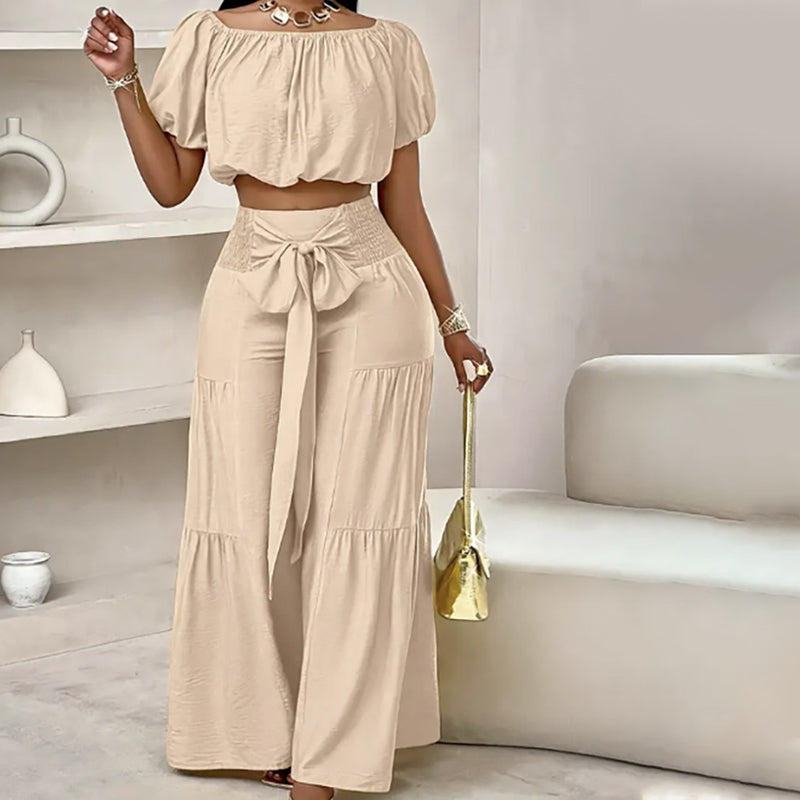 👗 50% RABATT ✨ | Off-Shoulder Topp & Vida Byxor – Puffärm & Hög Midja