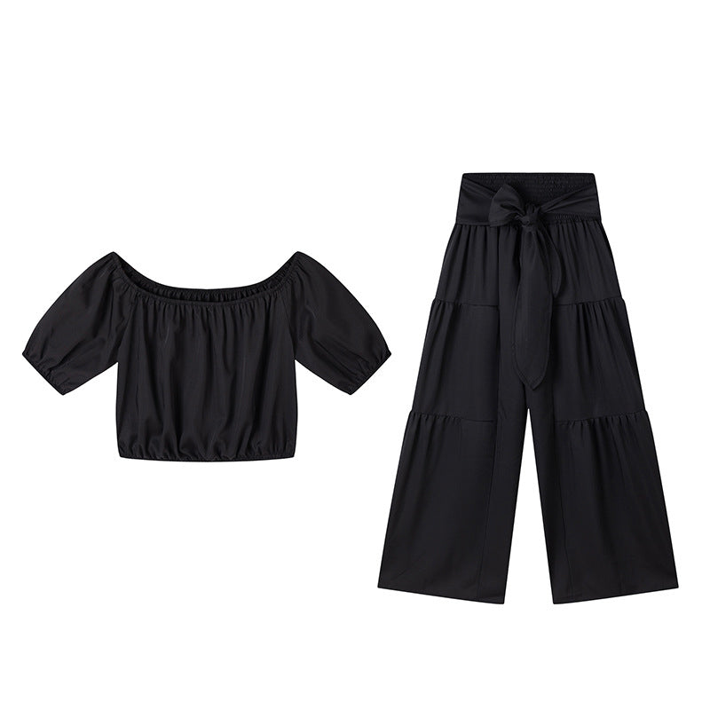👗 50% RABATT ✨ | Off-Shoulder Topp & Vida Byxor – Puffärm & Hög Midja